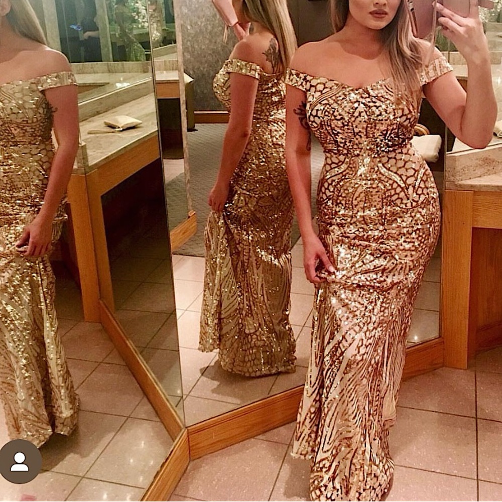 Gold sequin off-shoulder maxi dress from Hot Miami Styles. Worn once to wedding.